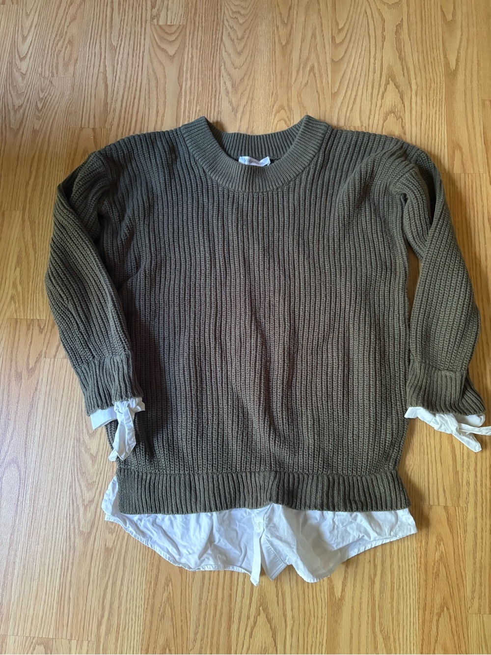 Motherhood Olive Ribbed Crewneck Sweater with White Shirt Detail